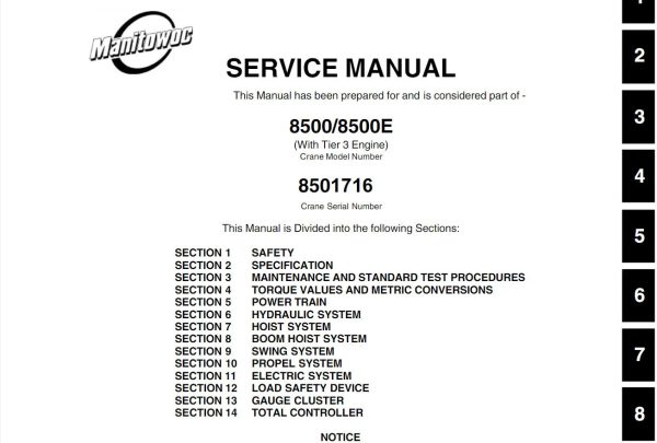 MANITOWOC 8500 8500E With Tier 3 Engine Crane Service Manual PDF