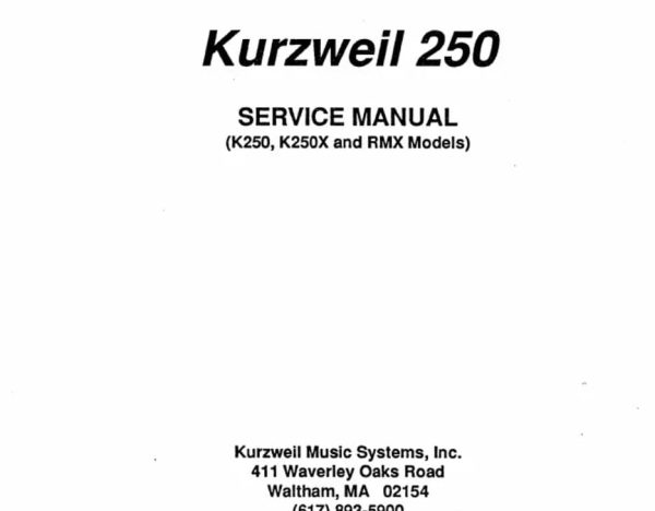 Service manual for Kurzweil K250, K250X and RMX synthesizer models. Includes parts list, board layout, and schematics. January 1989