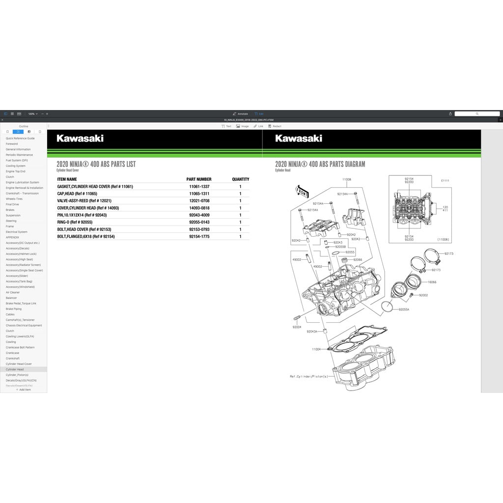 KAWASAKI NINJA 400 (2018-2022) SERVICE WORKSHOP MANUAL + PARTS CATALOGUE +OWNER'S MANUAL - Image 9