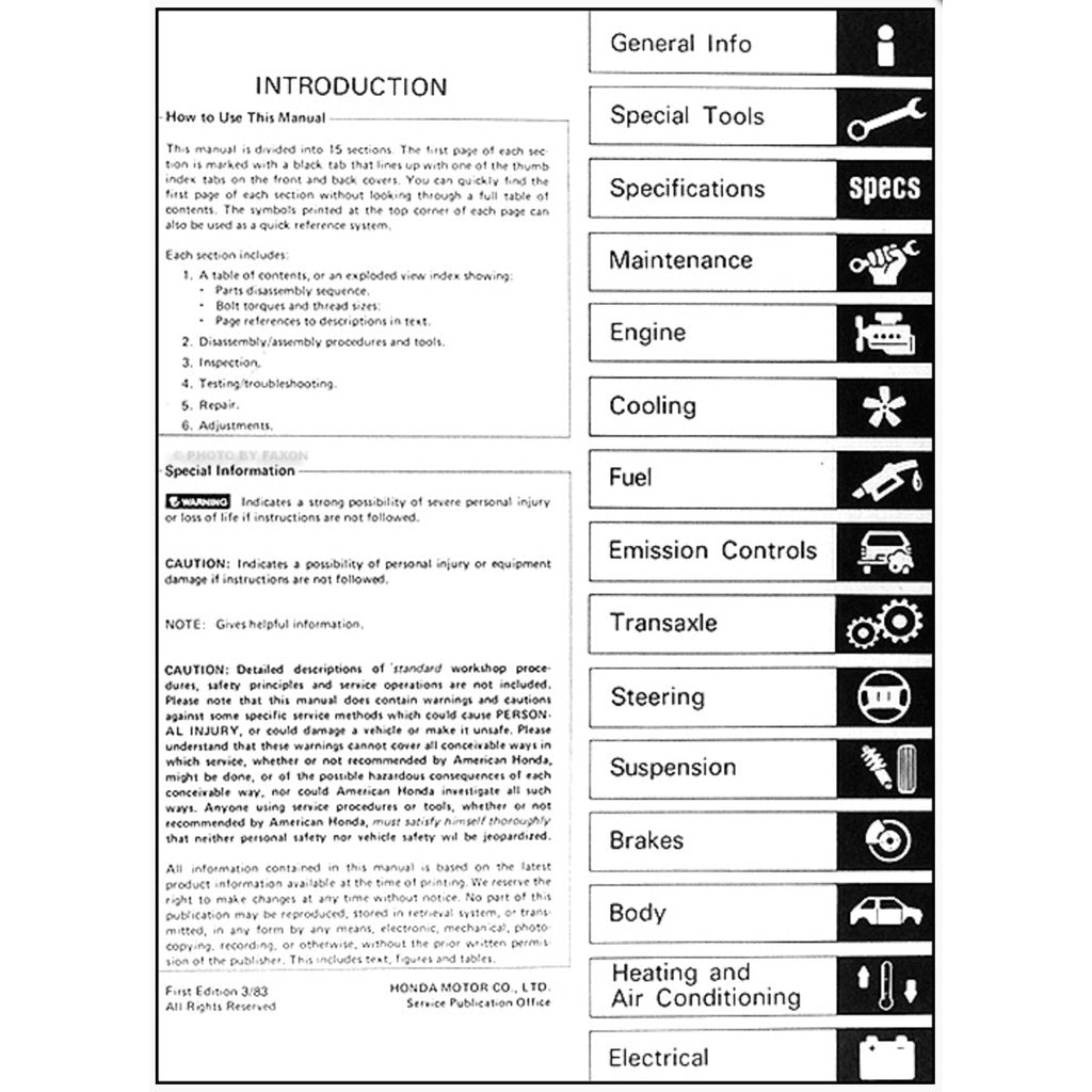 HONDA PRELUDE AB B1-6 BB (1982-1986) SERVICE WORKSHOP MANUAL - Image 3