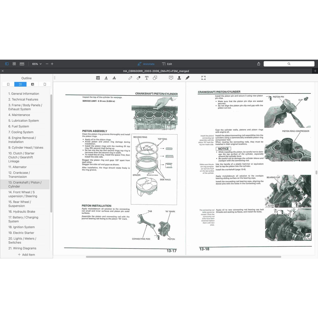 HONDA CBR600RR (2003-2006) SERVICE WORKSHOP MANUAL + PARTS CATALOGUE + OWNER'S MANUAL - CBR 600 RR - Image 7