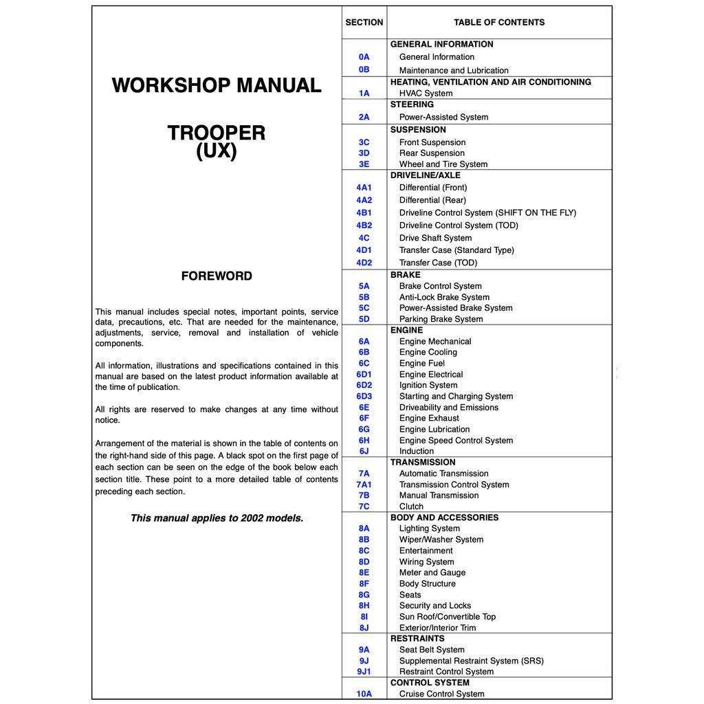 ISUZU TROOPER UX/UBS SERIES (1998-2003) SERVICE WORKSHOP MANUAL - Image 3