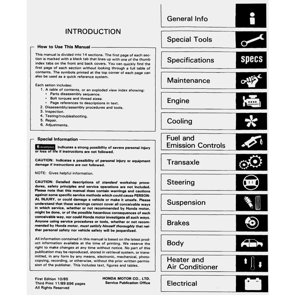 HONDA ACCORD 3 CA (1986-1989) SERVICE WORKSHOP MANUAL - Image 3
