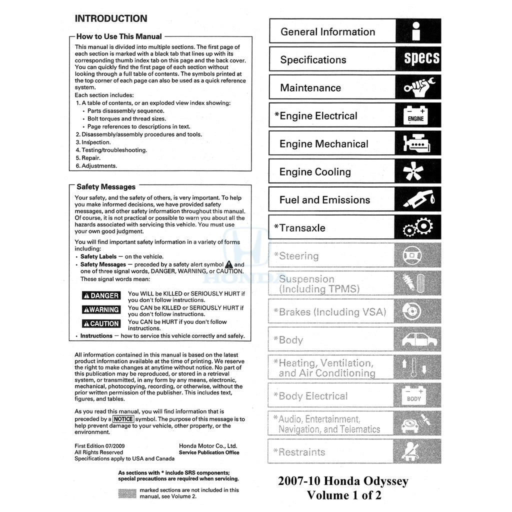 HONDA ODYSSEY RL (2007-2010) SERVICE WORKSHOP MANUAL - Image 3