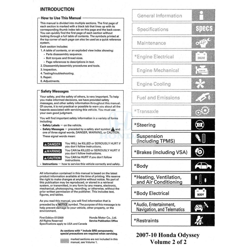HONDA ODYSSEY RL (2007-2010) SERVICE WORKSHOP MANUAL - Image 4
