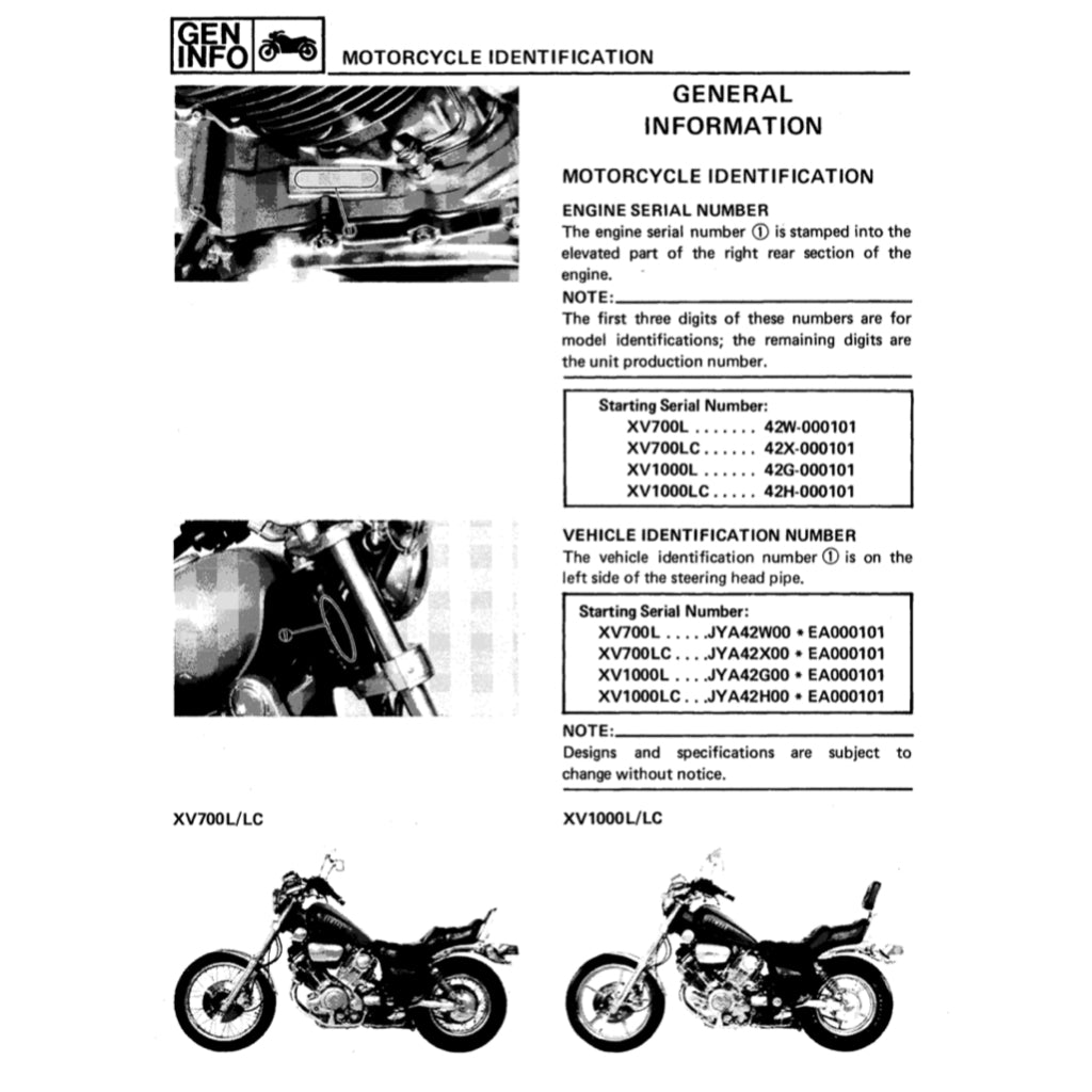 YAMAHA VIRAGO XV 700/750/1000/1100 (1985-1999) SERVICE WORKSHOP MANUAL + OWNER'S MANUAL - Image 4