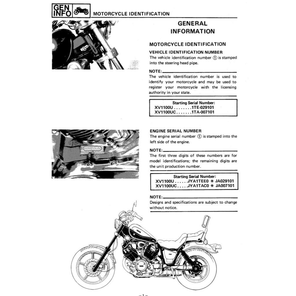 YAMAHA VIRAGO XV 700/750/1000/1100 (1985-1999) SERVICE WORKSHOP MANUAL + OWNER'S MANUAL - Image 9