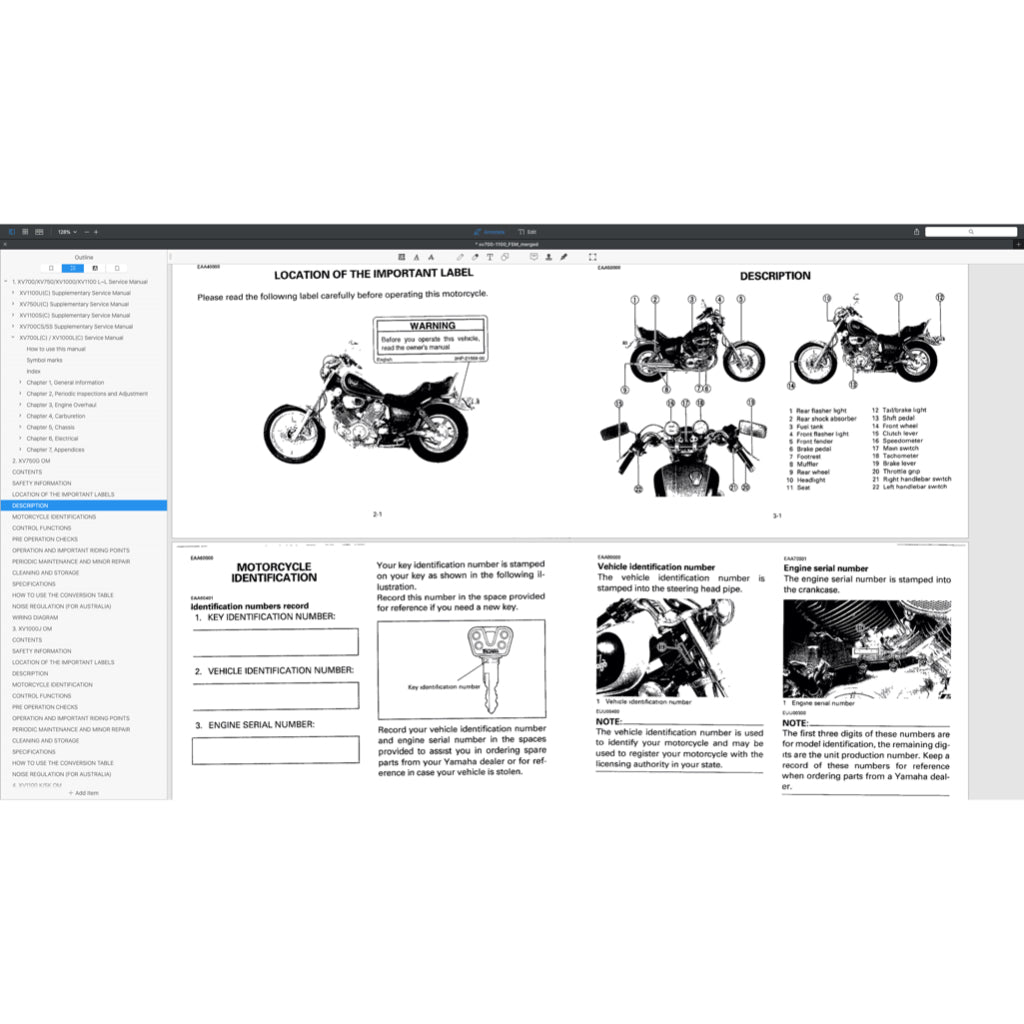 YAMAHA VIRAGO XV 700/750/1000/1100 (1985-1999) SERVICE WORKSHOP MANUAL + OWNER'S MANUAL - Image 8