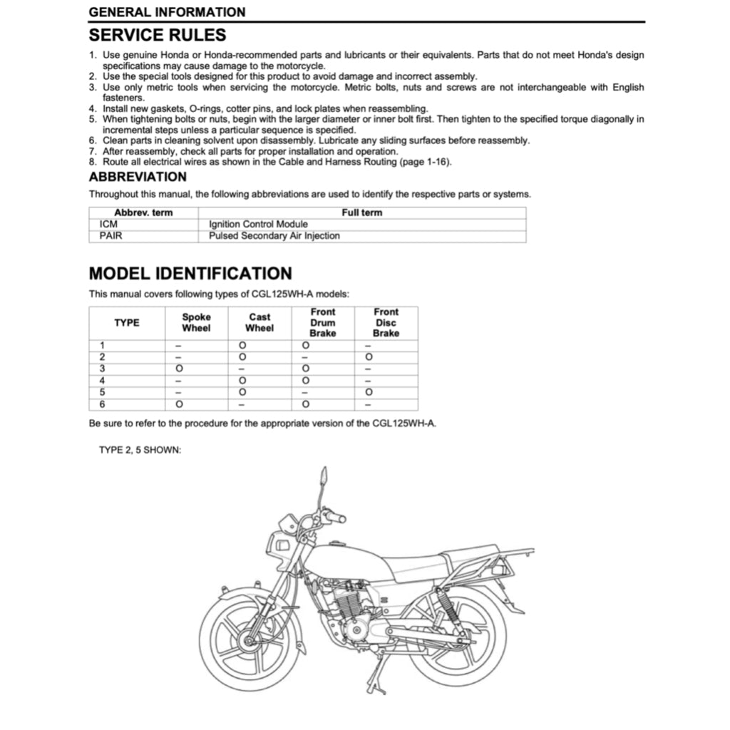 HONDA CGL125 WH-A (2006-2015) SERVICE WORKSHOP MANUAL + PARTS CATALOGUE - Image 4