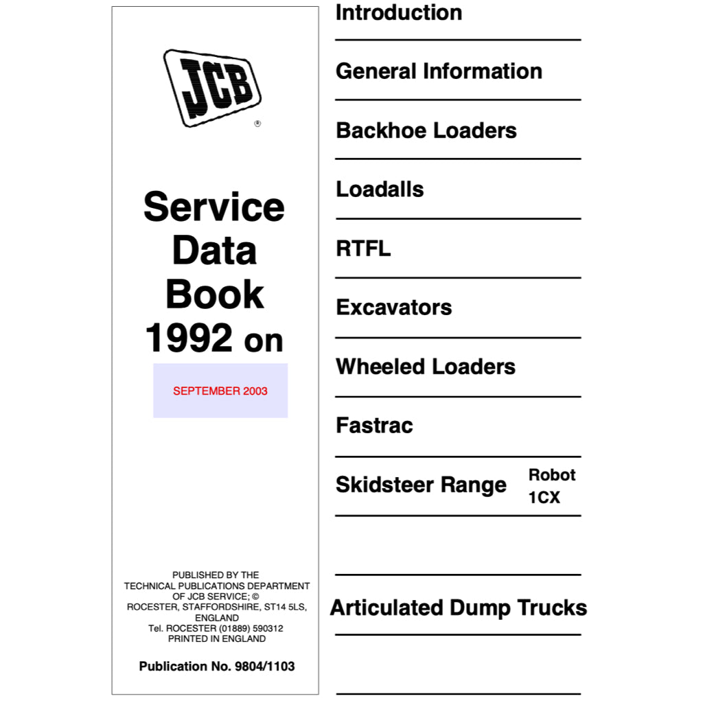 JCB SERVICE DATA BOOK (1992-2003) LOADERS / EXCAVATORS / RTFL / FASTRAC - Image 3