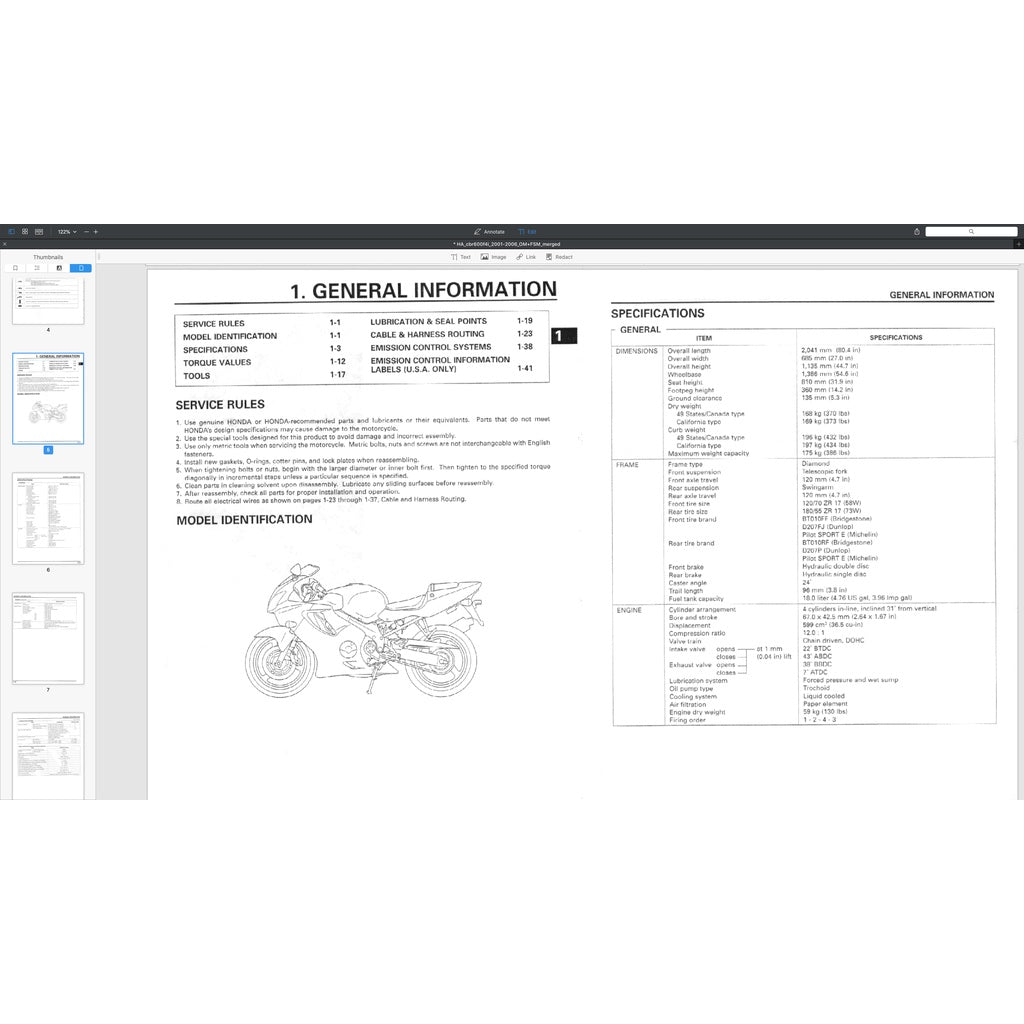 HONDA CBR600F4i (2001-2006) SERVICE WORKSHOP MANUAL + PARTS CATALOGUE + OWNER'S MANUAL - Image 4